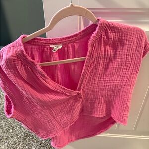 Aerie Pink Ruffled Wrap Crop Top with Sailor Collar
